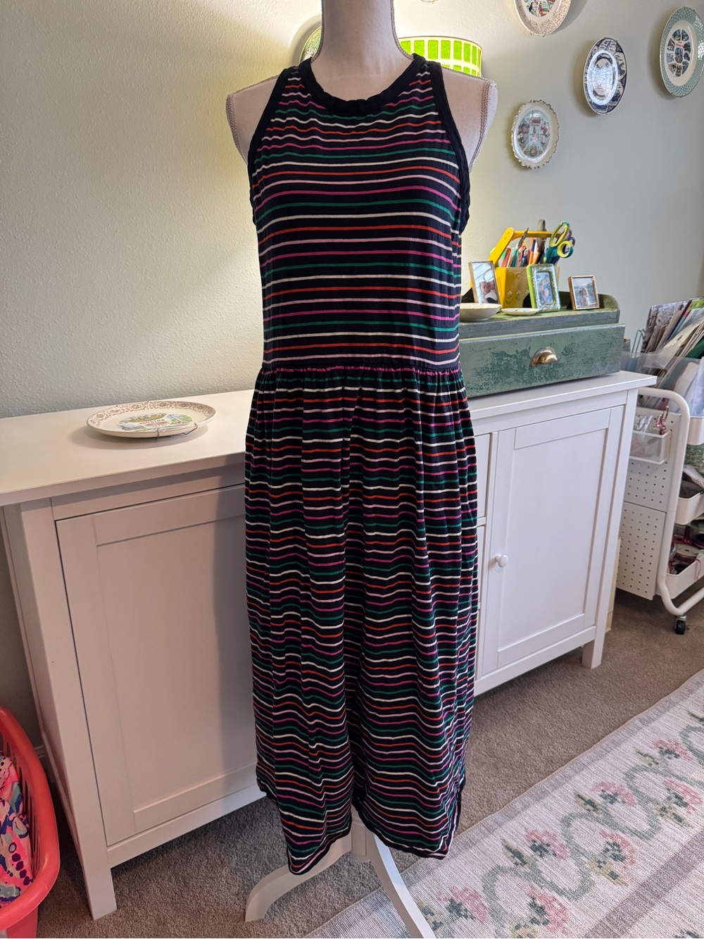 Boden Navy Blue Sleeveless Maxi Dress with Pink, Green and Blue Stripes Size 10
